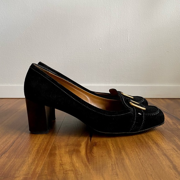 Ferragamo Suede Heels with Gold Hardware - Picture 5 of 10